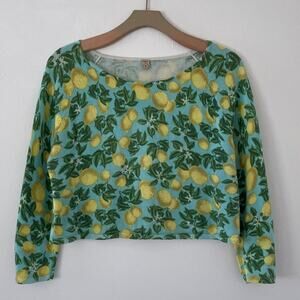 Farm Rio Colorful Teal Yellow Lemon Knit Sweater Fruit Raglan Cropped Sz L